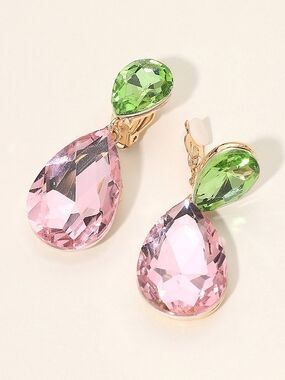 Pink & Green Dangle Crystal Clip On Earrings 2 Inches Double TearDrop ClipOns